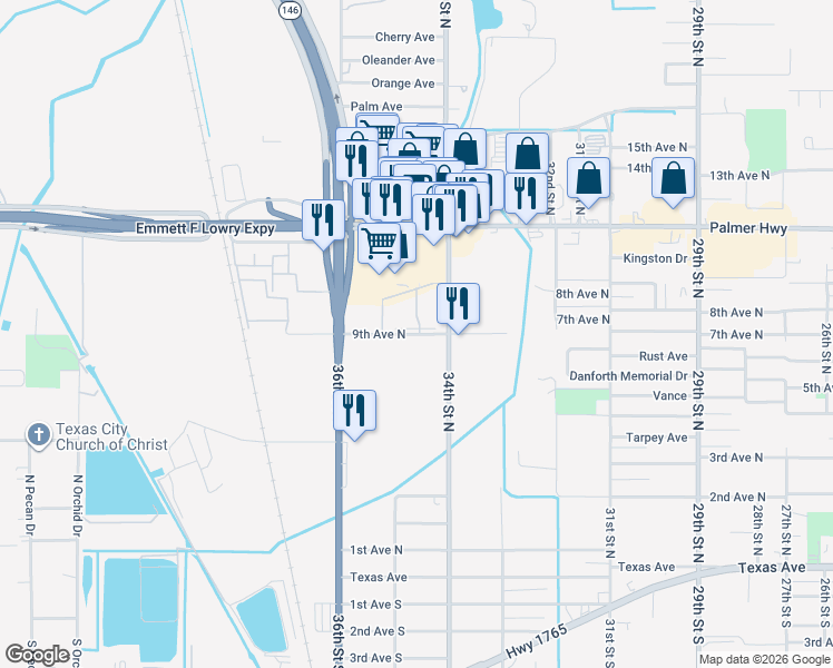 map of restaurants, bars, coffee shops, grocery stores, and more near 3404 9th Avenue North in Texas City