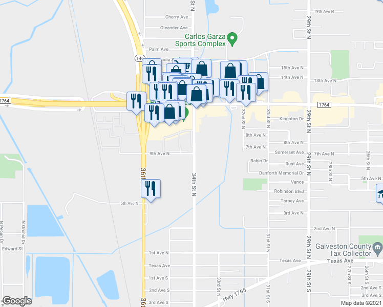 map of restaurants, bars, coffee shops, grocery stores, and more near 3410 9th Avenue North in Texas City