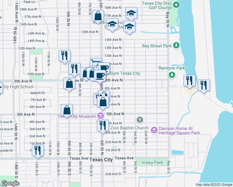 map of restaurants, bars, coffee shops, grocery stores, and more near 800 5th Street North in Texas City