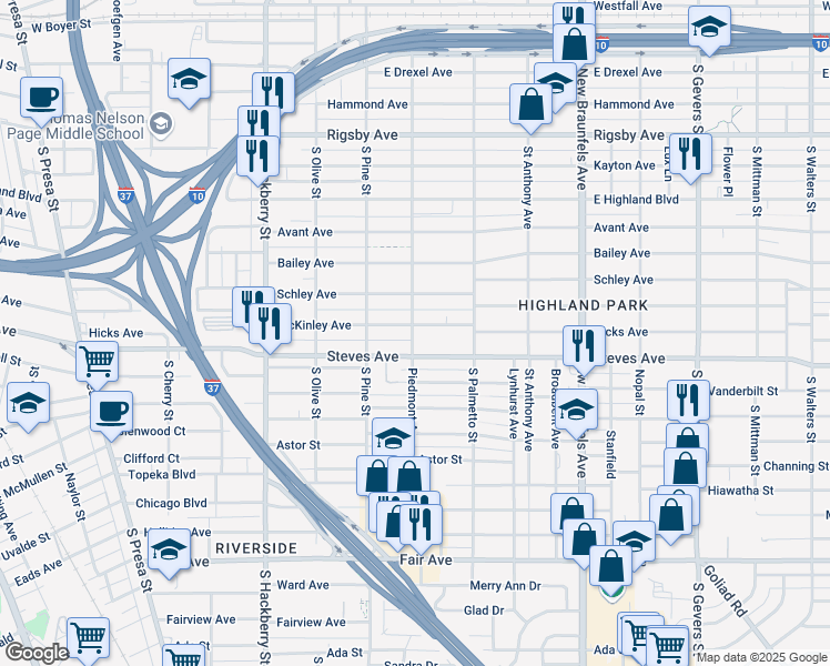 map of restaurants, bars, coffee shops, grocery stores, and more near 1207 McKinley Avenue in San Antonio