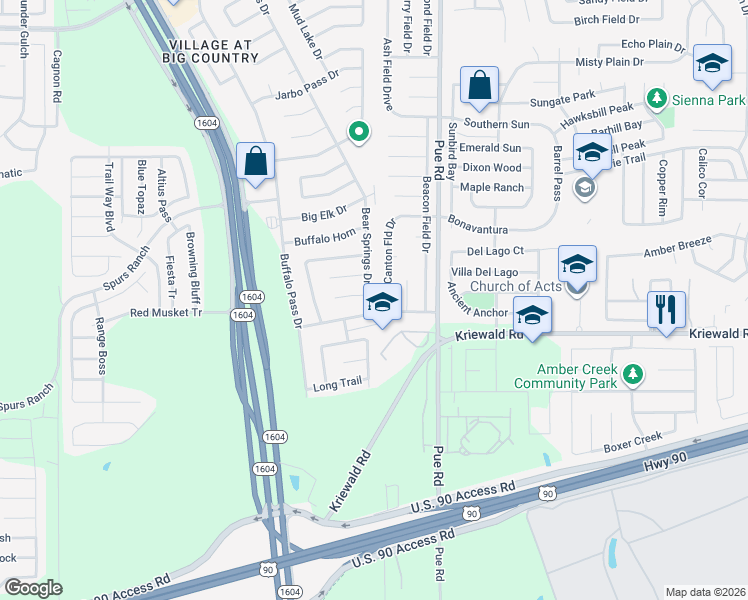 map of restaurants, bars, coffee shops, grocery stores, and more near 11402 Bald Eagle Way in San Antonio