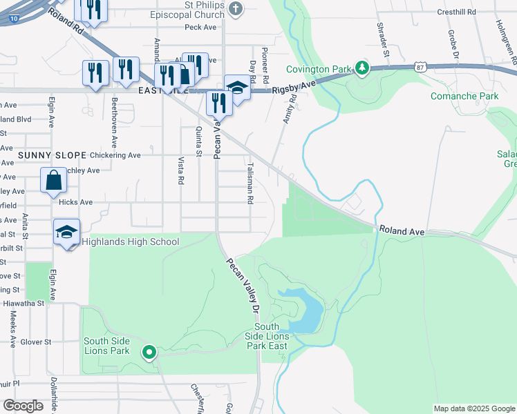 map of restaurants, bars, coffee shops, grocery stores, and more near 3510 Roland Road in San Antonio