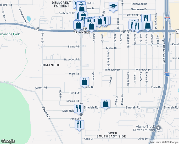 map of restaurants, bars, coffee shops, grocery stores, and more near 4535 Winneway Drive in San Antonio