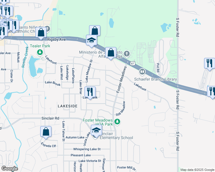 map of restaurants, bars, coffee shops, grocery stores, and more near 6011 Bear Meadow in San Antonio