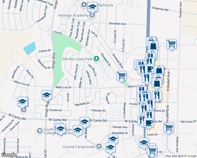 map of restaurants, bars, coffee shops, grocery stores, and more near 113 Joe Rice Drive in Del Rio