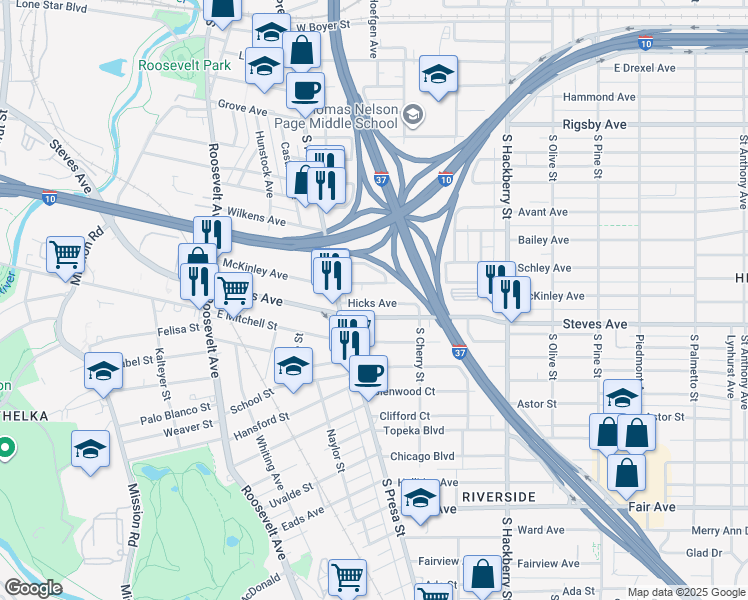 map of restaurants, bars, coffee shops, grocery stores, and more near 528 McKinley Avenue in San Antonio