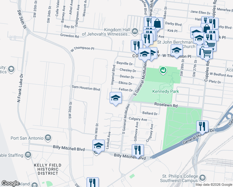map of restaurants, bars, coffee shops, grocery stores, and more near 151 Felton Drive in San Antonio