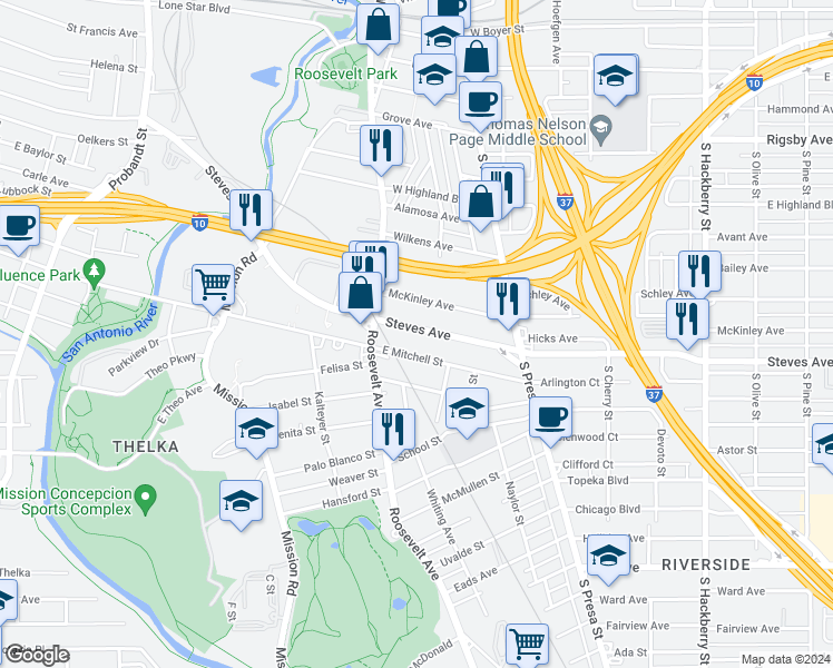 map of restaurants, bars, coffee shops, grocery stores, and more near 840 Steves Avenue in San Antonio