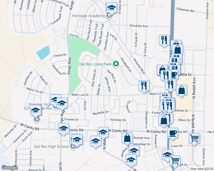 map of restaurants, bars, coffee shops, grocery stores, and more near 114 Joe Rice Drive in Del Rio