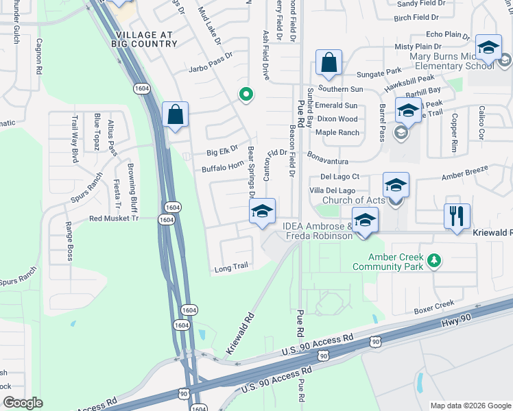 map of restaurants, bars, coffee shops, grocery stores, and more near 11402 Bald Eagle Way in San Antonio
