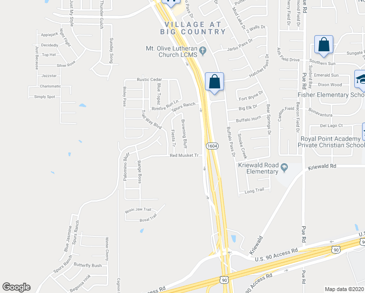 map of restaurants, bars, coffee shops, grocery stores, and more near 3827 Browning Bluff in San Antonio