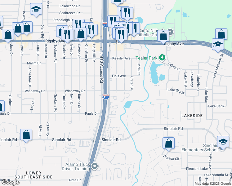 map of restaurants, bars, coffee shops, grocery stores, and more near 2735 Wayne Drive in San Antonio