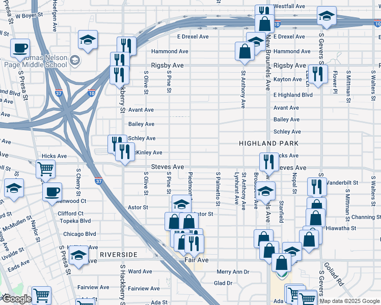 map of restaurants, bars, coffee shops, grocery stores, and more near 1200 McKinley Avenue in San Antonio
