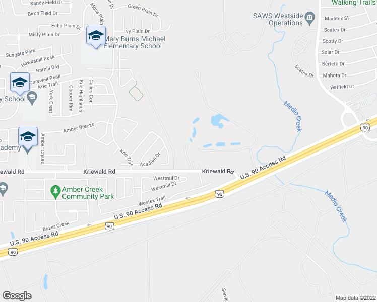 map of restaurants, bars, coffee shops, grocery stores, and more near 9585 Kriewald Road in San Antonio