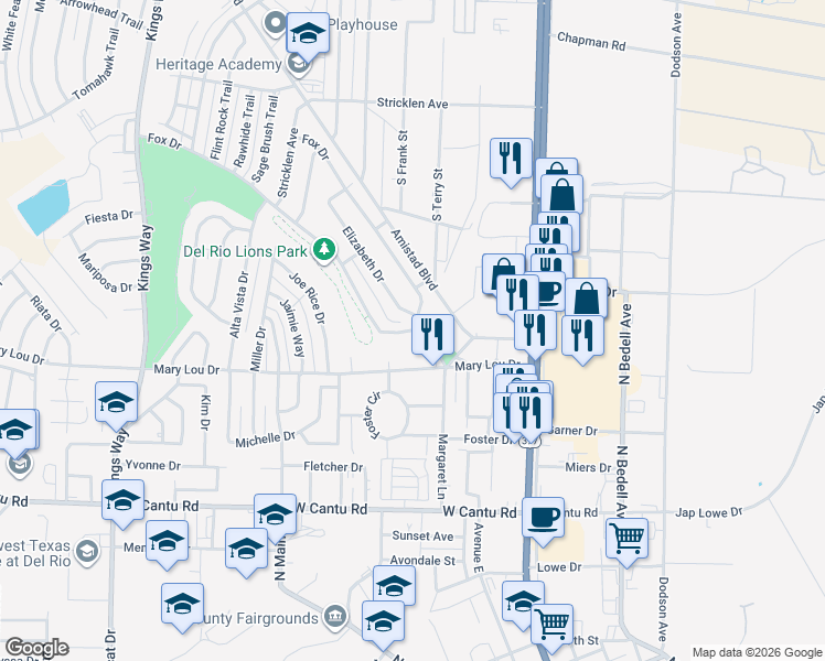 map of restaurants, bars, coffee shops, grocery stores, and more near 300 Fox Drive in Del Rio