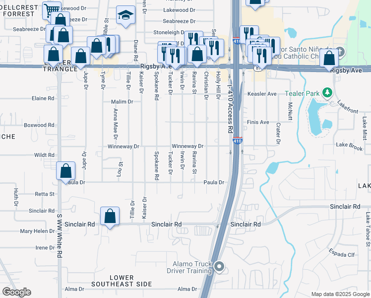 map of restaurants, bars, coffee shops, grocery stores, and more near 2739 Irwin Drive in San Antonio