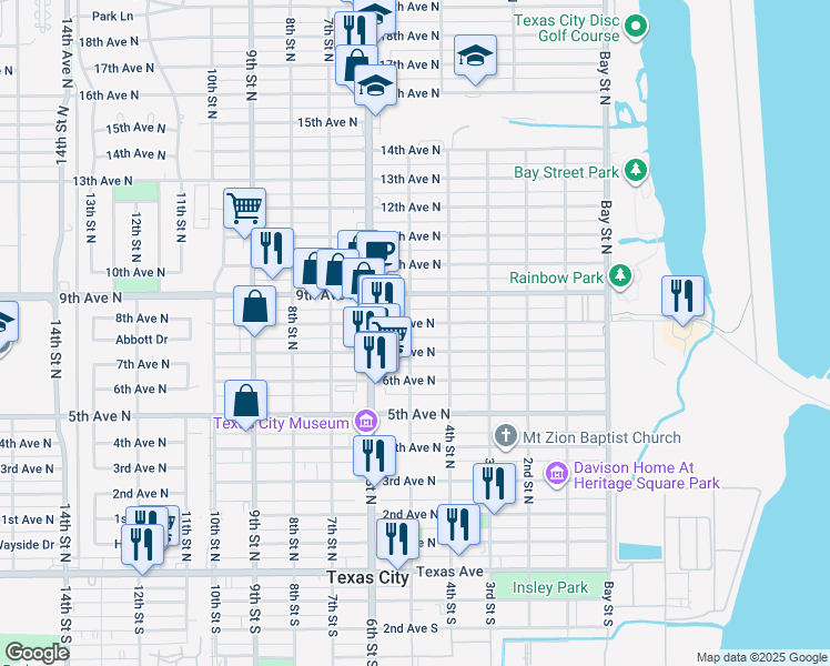 map of restaurants, bars, coffee shops, grocery stores, and more near 800 5th Street North in Texas City