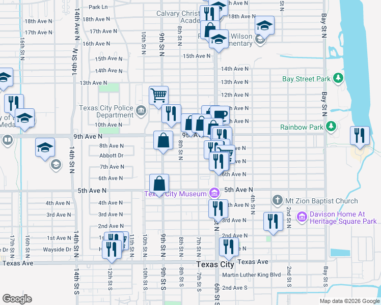 map of restaurants, bars, coffee shops, grocery stores, and more near 720 8th Avenue North in Texas City