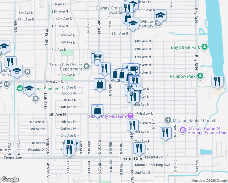map of restaurants, bars, coffee shops, grocery stores, and more near 720 8th Avenue North in Texas City
