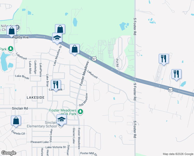 map of restaurants, bars, coffee shops, grocery stores, and more near 6211 Lakefront in San Antonio