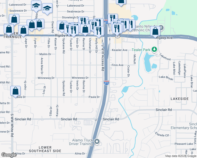 map of restaurants, bars, coffee shops, grocery stores, and more near 2739 Holly Hill Drive in San Antonio