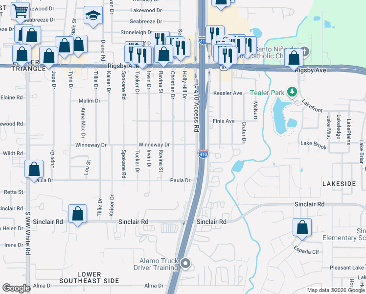 map of restaurants, bars, coffee shops, grocery stores, and more near 2739 Holly Hill Drive in San Antonio