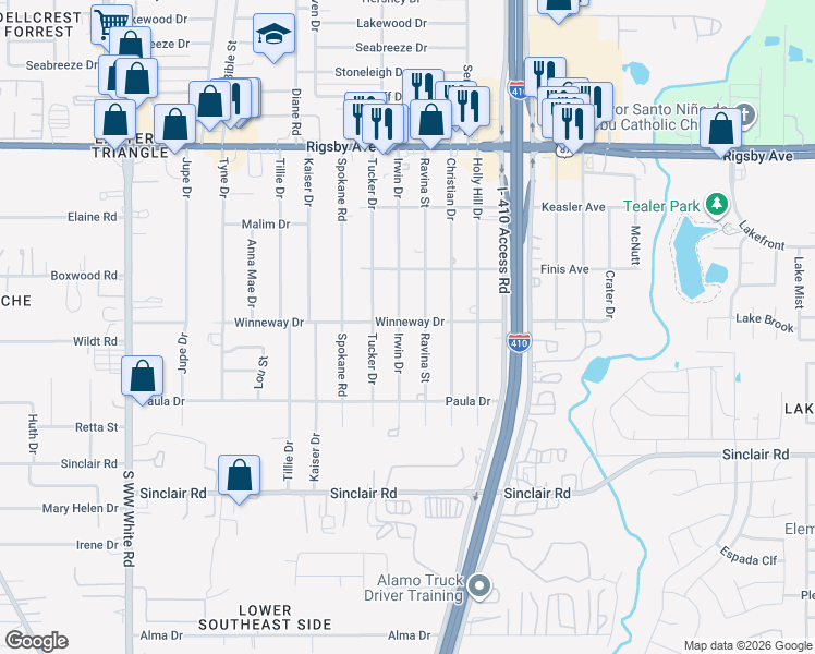 map of restaurants, bars, coffee shops, grocery stores, and more near 2739 Irwin Drive in San Antonio