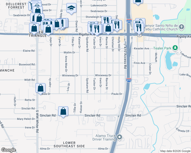 map of restaurants, bars, coffee shops, grocery stores, and more near 2735 Tucker Drive in San Antonio