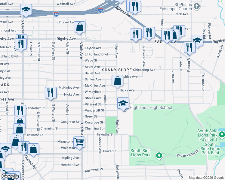 map of restaurants, bars, coffee shops, grocery stores, and more near 2334 McKinley Avenue in San Antonio