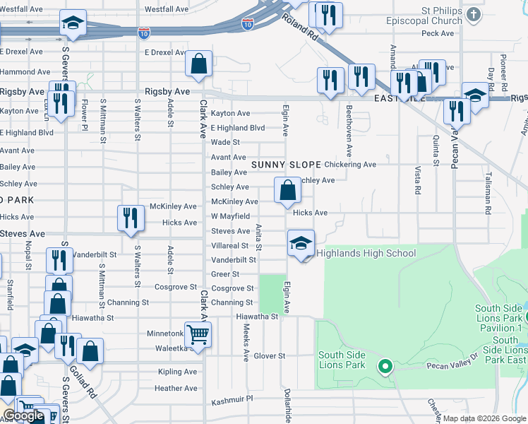 map of restaurants, bars, coffee shops, grocery stores, and more near 2302 McKinley Avenue in San Antonio