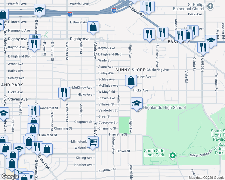 map of restaurants, bars, coffee shops, grocery stores, and more near 2206 McKinley Avenue in San Antonio