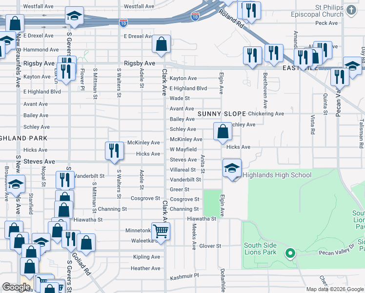 map of restaurants, bars, coffee shops, grocery stores, and more near 2206 McKinley Avenue in San Antonio