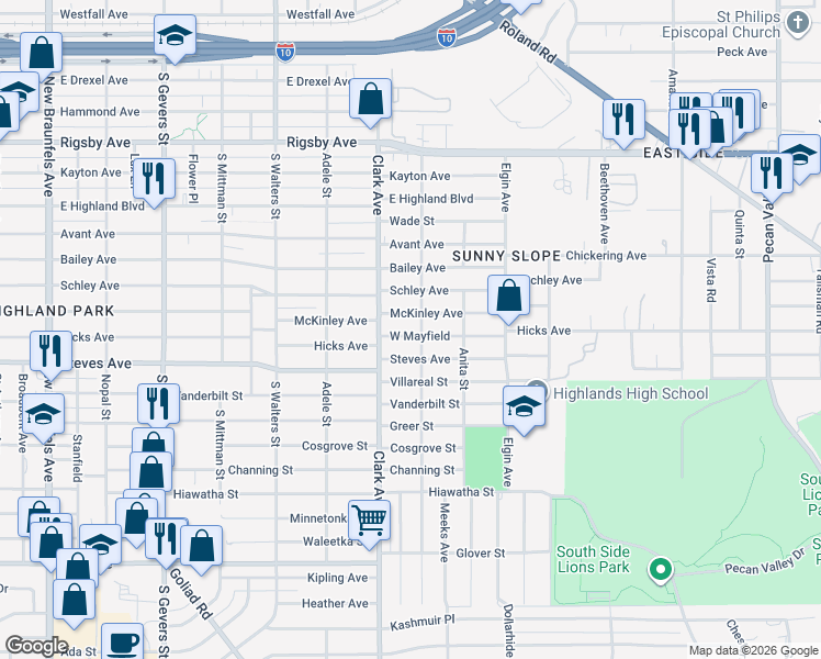 map of restaurants, bars, coffee shops, grocery stores, and more near 2206 McKinley Avenue in San Antonio