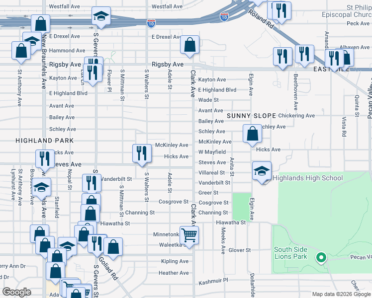 map of restaurants, bars, coffee shops, grocery stores, and more near 2023 McKinley Avenue in San Antonio