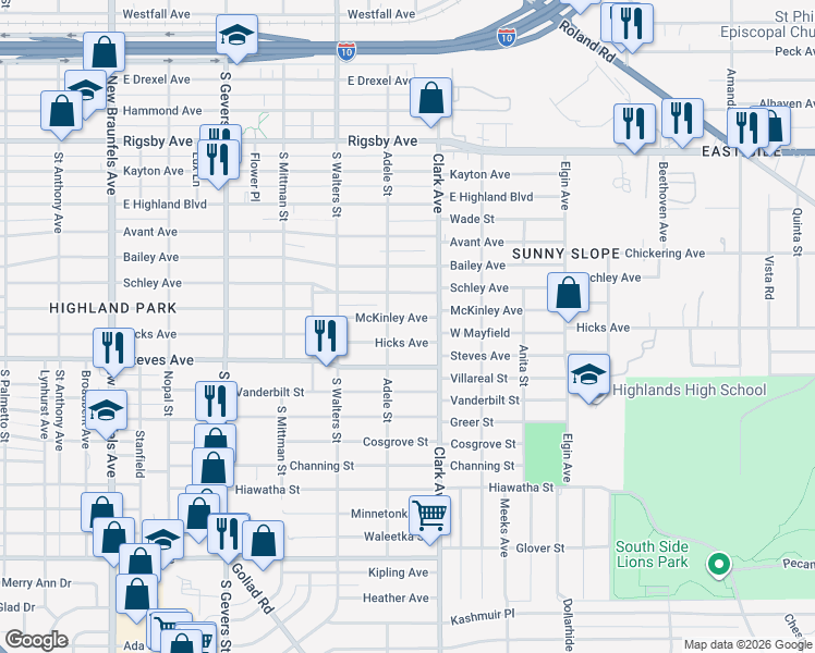 map of restaurants, bars, coffee shops, grocery stores, and more near 2023 McKinley Avenue in San Antonio