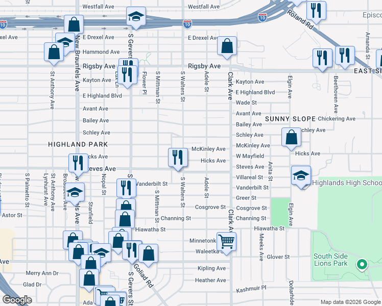 map of restaurants, bars, coffee shops, grocery stores, and more near 1933 McKinley Avenue in San Antonio