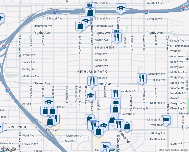 map of restaurants, bars, coffee shops, grocery stores, and more near 1444 McKinley Avenue in San Antonio