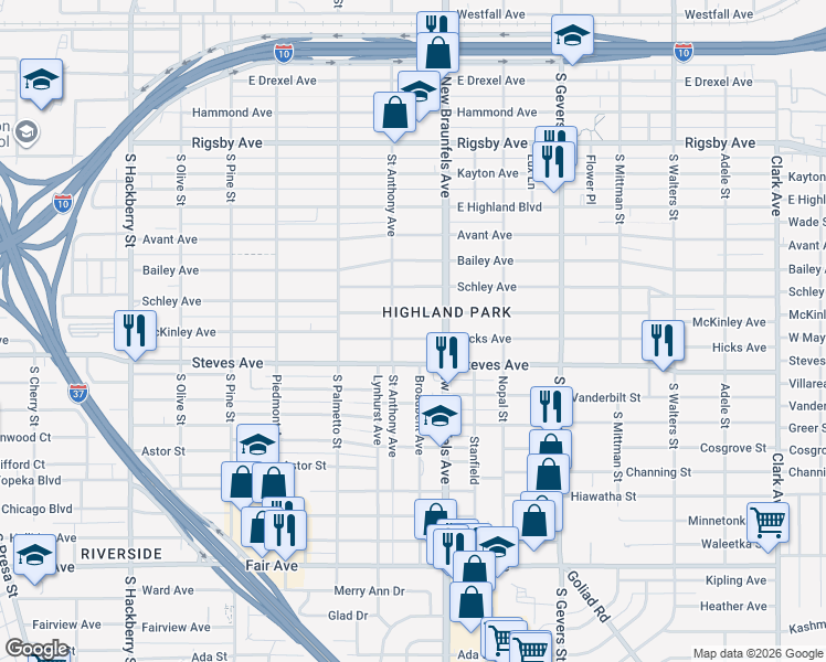 map of restaurants, bars, coffee shops, grocery stores, and more near 1406 McKinley Avenue in San Antonio