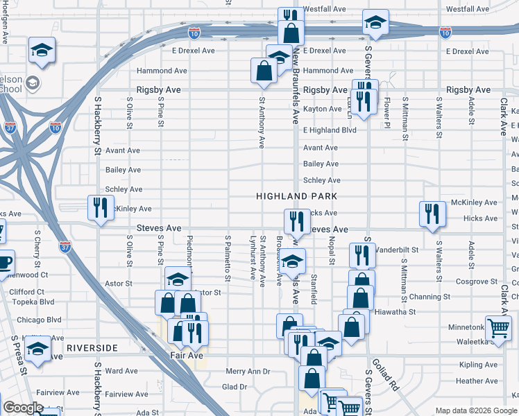 map of restaurants, bars, coffee shops, grocery stores, and more near 1406 McKinley Avenue in San Antonio