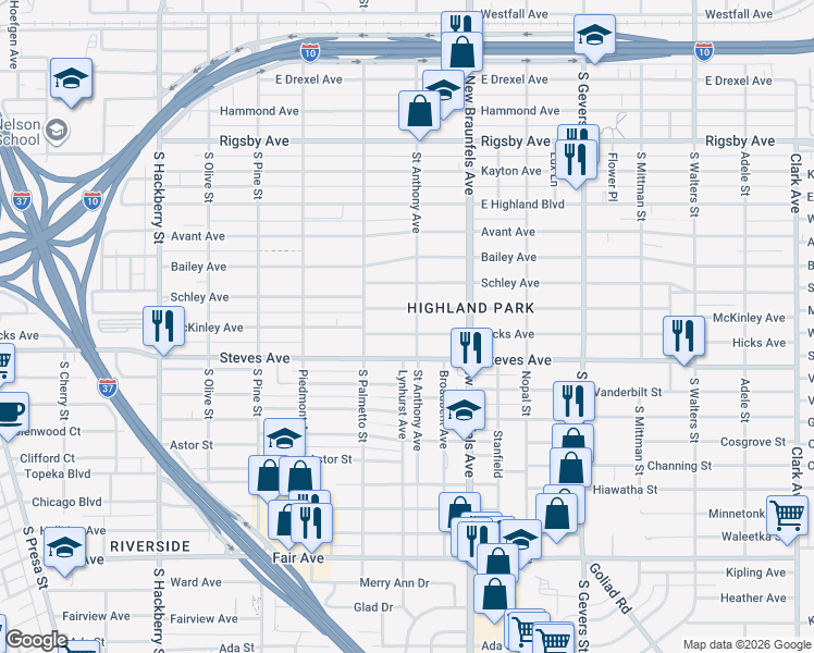 map of restaurants, bars, coffee shops, grocery stores, and more near 1406 McKinley Avenue in San Antonio