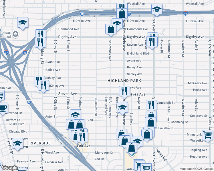 map of restaurants, bars, coffee shops, grocery stores, and more near 1322 McKinley Avenue in San Antonio