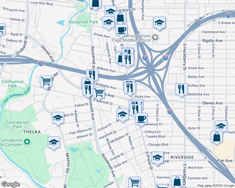 map of restaurants, bars, coffee shops, grocery stores, and more near 438 McKinley Avenue in San Antonio