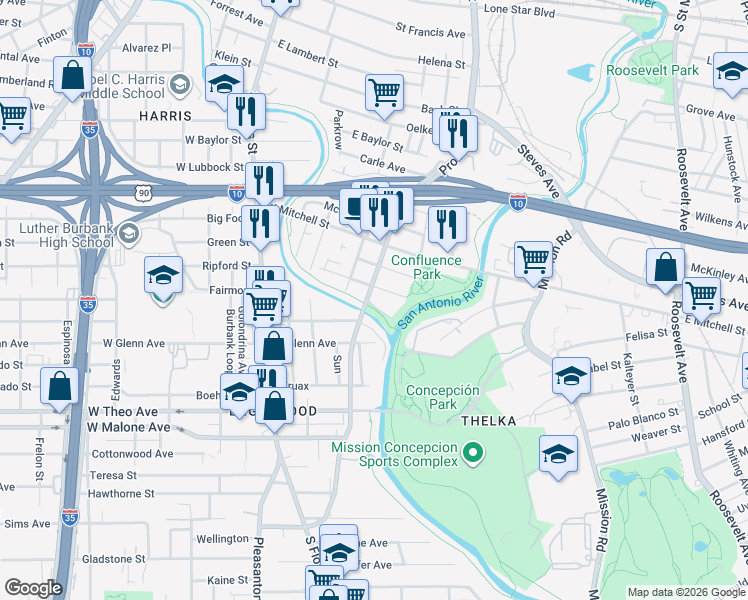 map of restaurants, bars, coffee shops, grocery stores, and more near 134 Odis in San Antonio