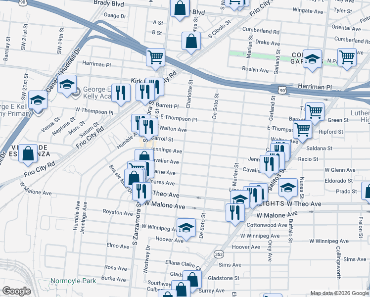 map of restaurants, bars, coffee shops, grocery stores, and more near 502 Carroll Street in San Antonio