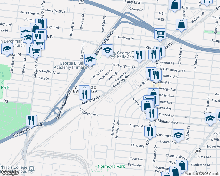 map of restaurants, bars, coffee shops, grocery stores, and more near 2103 Jupiter Street in San Antonio