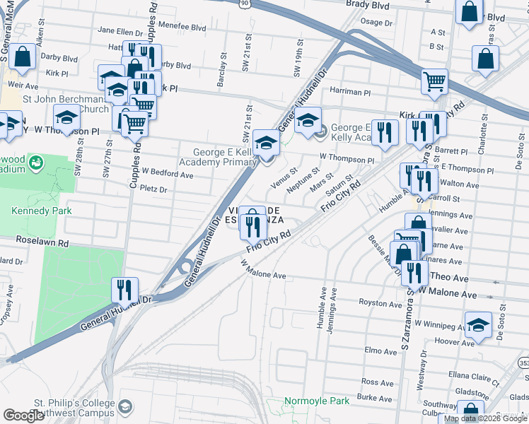 map of restaurants, bars, coffee shops, grocery stores, and more near 2318 Jupiter Street in San Antonio