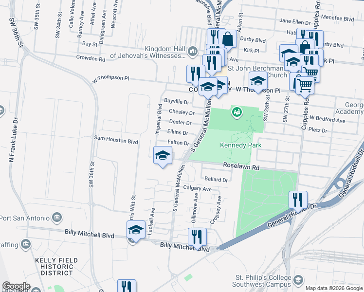 map of restaurants, bars, coffee shops, grocery stores, and more near 119 Felton Drive in San Antonio