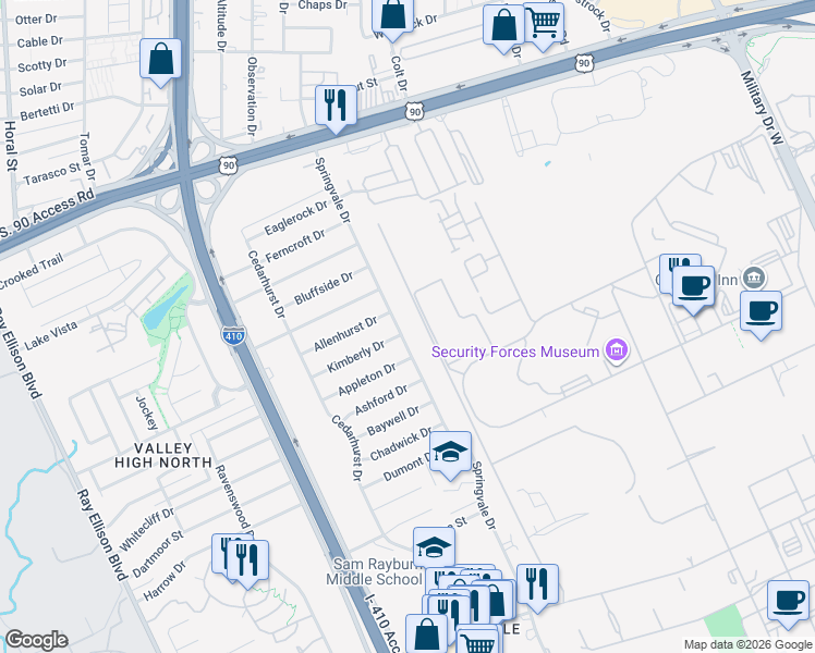 map of restaurants, bars, coffee shops, grocery stores, and more near 102 Allenhurst Street in San Antonio