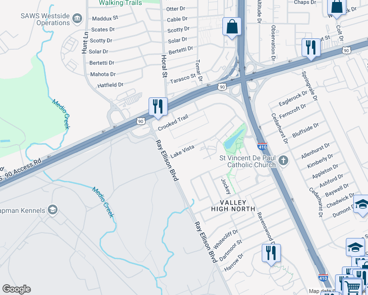 map of restaurants, bars, coffee shops, grocery stores, and more near 8351-8399 Lake Vista in San Antonio