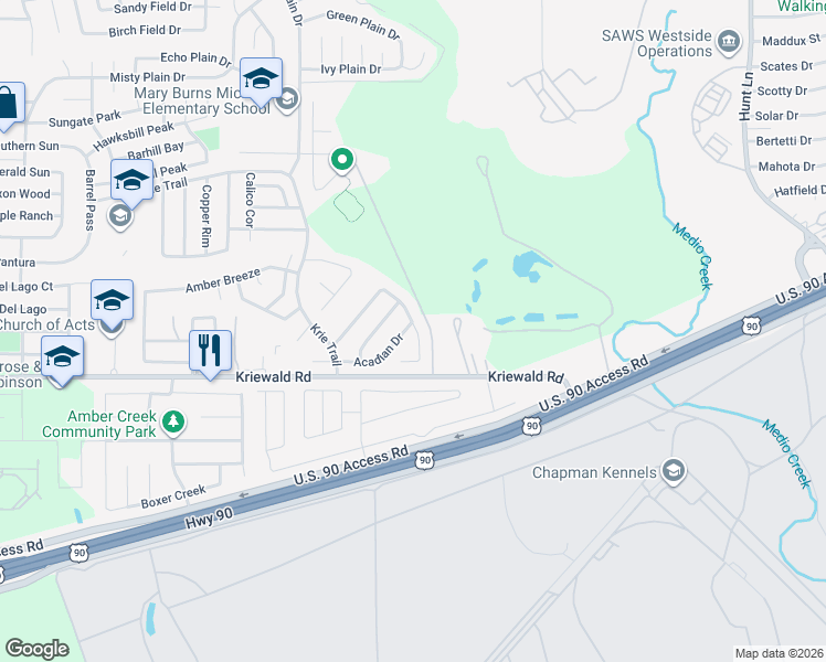 map of restaurants, bars, coffee shops, grocery stores, and more near 4002 Salty Marsh in San Antonio